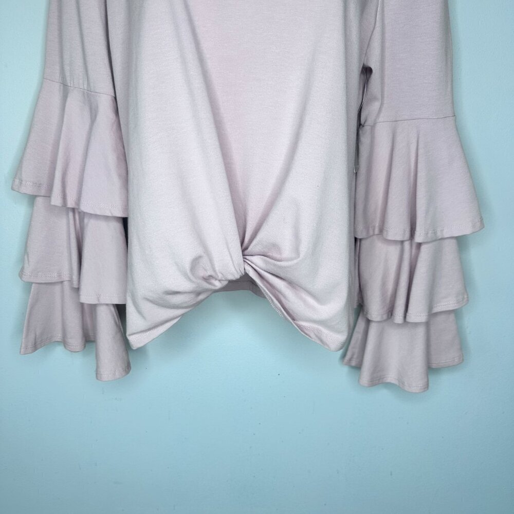 NWT  Belle + Sky Pink Front Twist Top With Tiered Ruffled Bell Sleeves-Size M - Picture 2 of 8